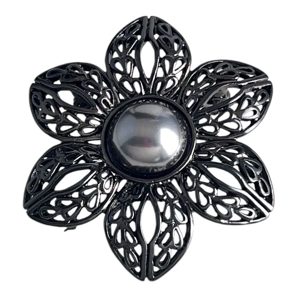 New Flower Pin Brooch Simulated Black Pearl Hematite Tone - 8L